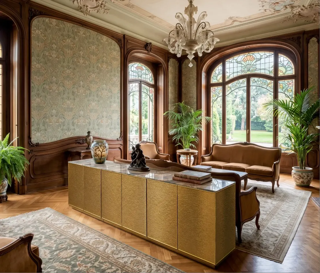 Sala d'epoca con un mobile rivestito in ottone goffrato effetto legno